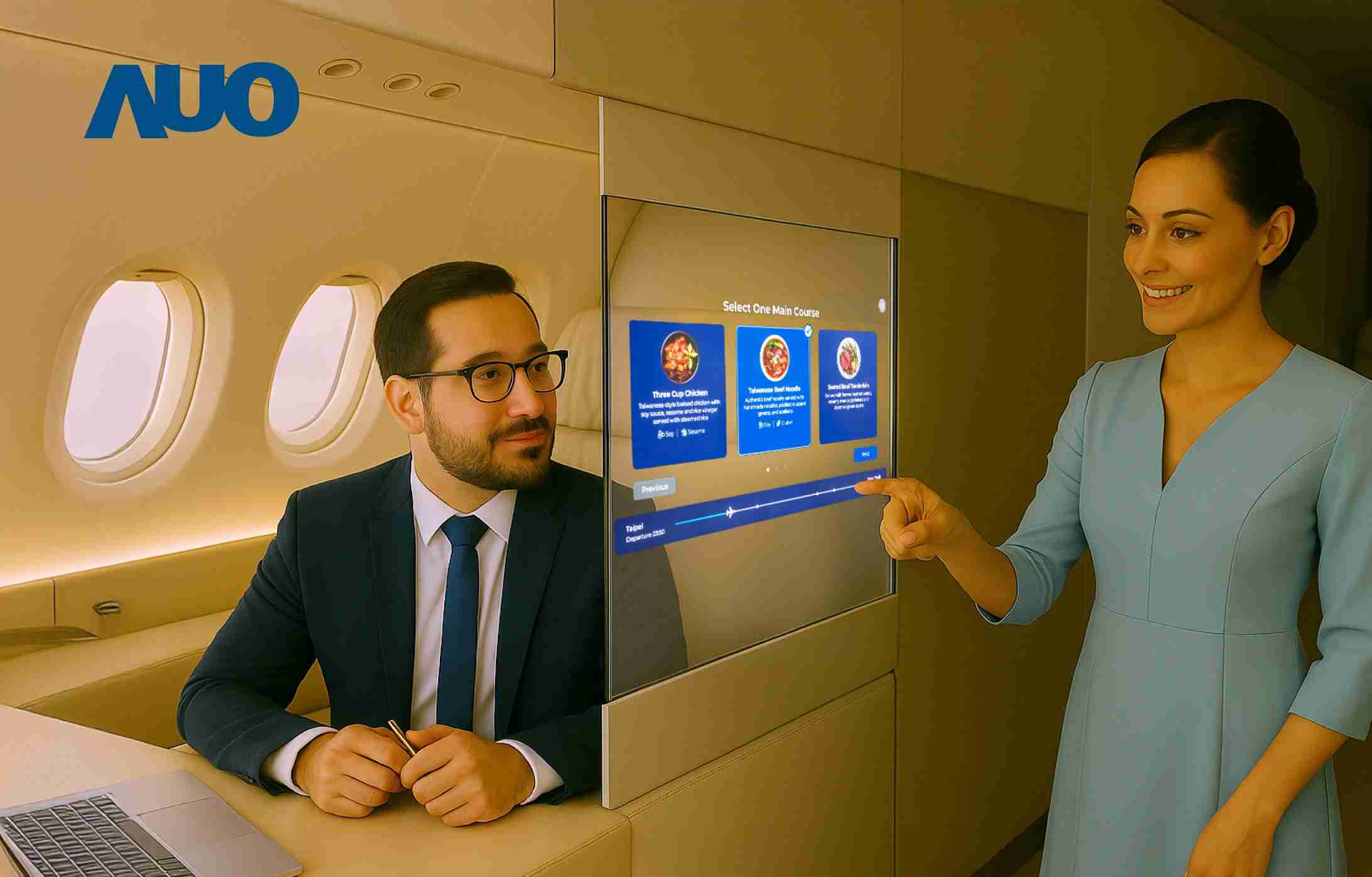 彩神vll研发全球最薄17.3 吋双面透明 Micro LED 显示器，，，，可在同一屏幕之双边投射不同信息，，，创造独特的”透明化”互动；图为实时翻译交流应用情境